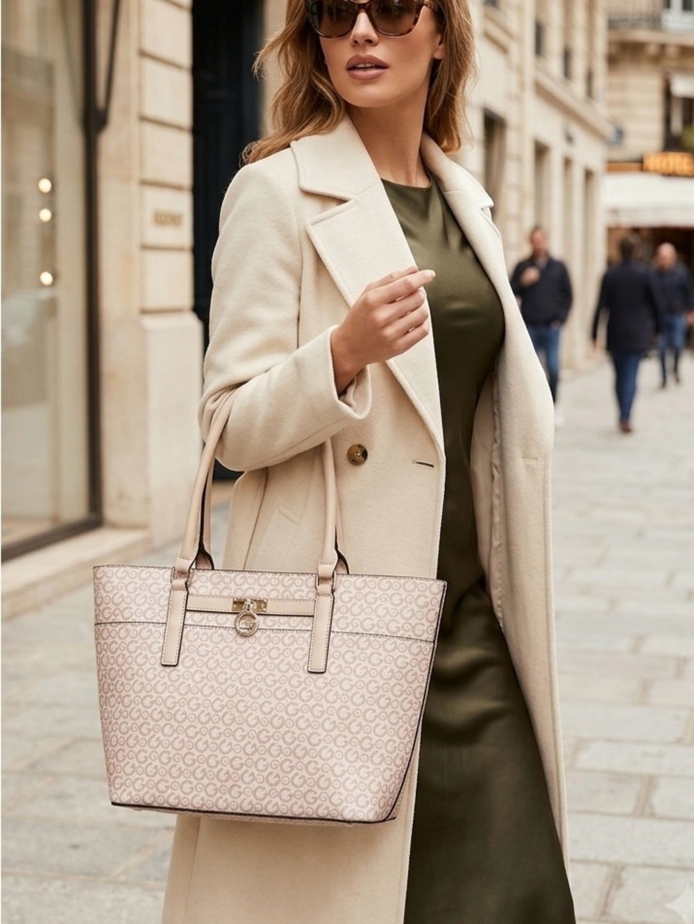 Guess Cream Monogram Tote with Gold Hardware